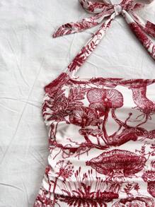 Soleia Damen Resort Oberteil mit Trägerhals, gewebter Korb, weißer Retro Muster, plissierter Camisole-Stil - Rot - Übersicht 5