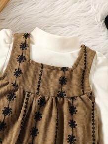 4 pièces Body à manches longues brodé confortable et élégant pour bébés filles avec pantalon long, ensemble Top à manches longues et chapeau, tenue de maison - Multicolore - Voir 4