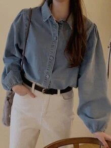 DAZY 女士翻领长袖宽松牛仔衬衫、秋装、牛仔夹克 - 藍色 - 查看 2