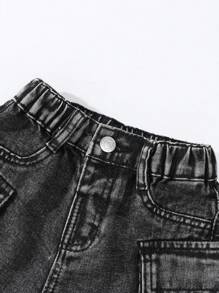 SHEIN Young Girls' 3D Cargo Multiple Pocket Cute & Denim Shorts, School, Campus, College Summer Holiday - Black - View 3