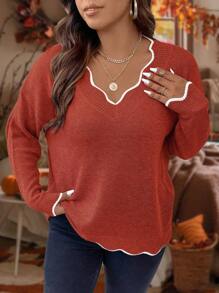 Calvaya Plus Contrast Binding Drop Shoulder Scallop Trim Sweater, For Winter Knit Pullover Fall Sweater - Redwood - View 3