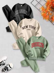 2pcs Baby Boy Casual Fashion Simple Creative Letter Slogan Print Pullover Sweatshirt And Jogger Pants Set, Fall Clothes - Multicolor - View 3