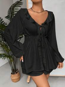 SHEIN EZwear Women's Spring & Summer Solid Color Lantern Sleeve Linen Loose Babydoll Shirt - Black - View 5