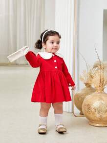SHEIN Baby Girl Warm & Elegant Red Ruffled Collar Long Sleeve Knee-Length Dress For Christmas Party And Casual Outings, Autumn Winter - Red - View 8