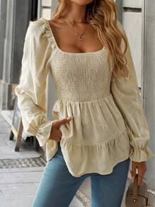 SHEIN LUNE Áo thun dài tay xếp ly xếp nếp màu trơn có viền trang trí cho nữ, trang phục thường ngày - Màu be - Xem 6