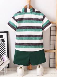 SHEIN Bộ 2 món/Bộ áo sơ mi sọc tay ngắn cài nút phía trước và quần short trang phục thường ngày cho bé trai - Nhiều màu - Xem 2