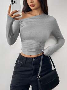 SHEIN EZwear 女士纯色不对称领长袖修身 T 恤，春夏 - 灰色 - 查看 5