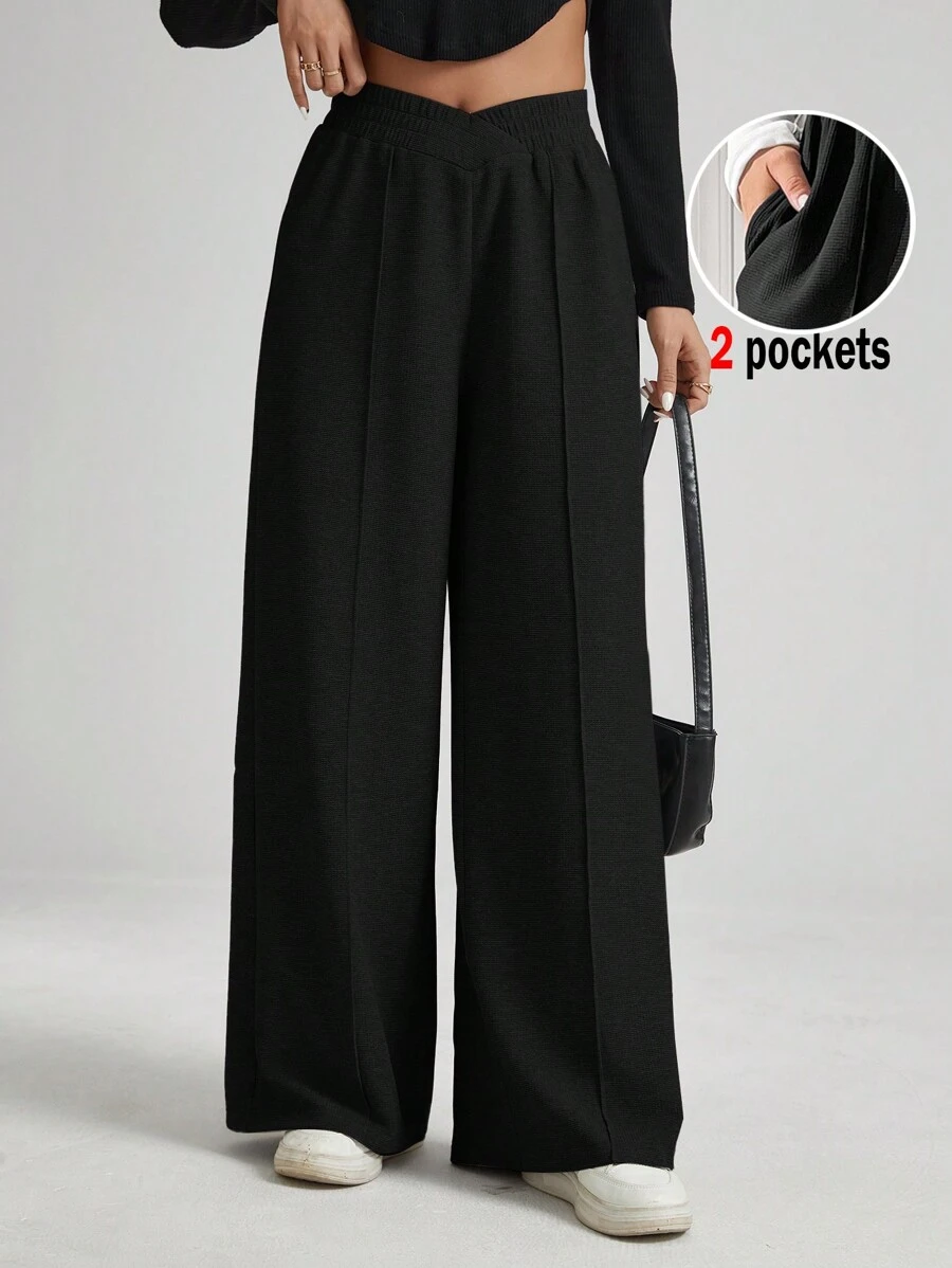 Auralis 大码女装秋季商务休闲女装新款时尚休闲通勤纹理面料纯黑色阔腿裤、长裤、口袋正装裤。休闲裤、宽松女裤、女式正装裤、秋季裤