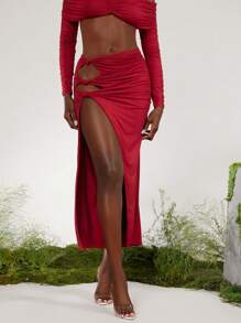 evoluSHEIN X Anitta RAUL OROZCO 设计师不对称垂褶镂空裙，节日，派对，感恩节，节日 - 酒紅色 - 查看 1