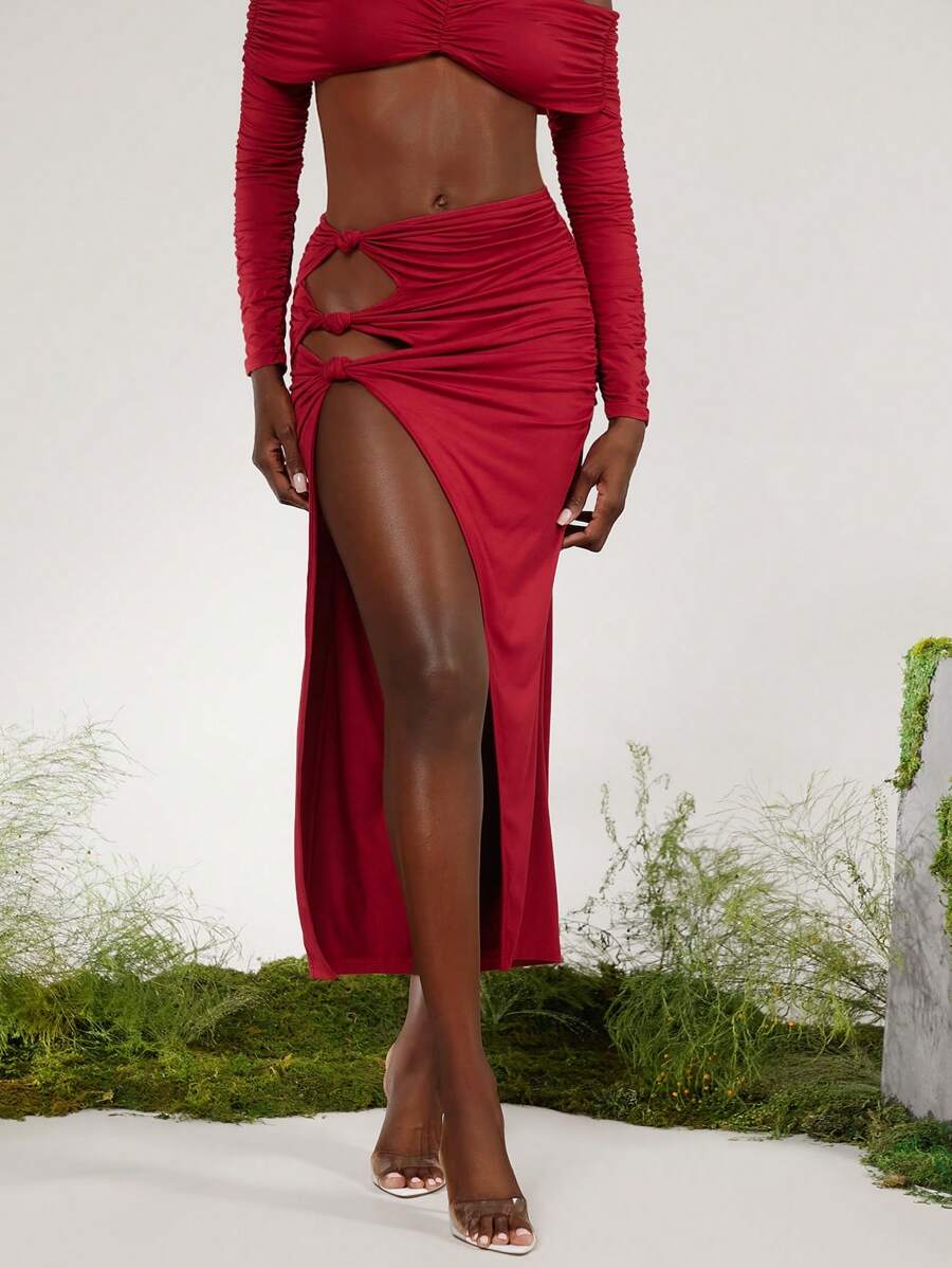 evoluSHEIN X Anitta RAUL OROZCO 设计师不对称垂褶镂空裙，节日，派对，感恩节，节日 - 酒紅色 - 查看 1