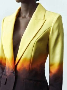 Maija Women's Ombre Yellow Brown Coffee Color Lapel Collar Long Sleeve Slim Fitted Blazer And Straight Leg Pants Casual Suit Set For Autumn Winter