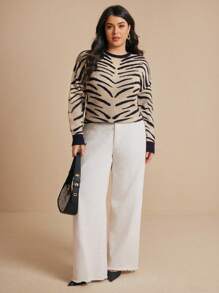 Elaquor Casual Minimalist Tight-Fitting Zebra Print Plus Size Sweater, Autumn-Winter Fall/Winter - Multicolor - View 1