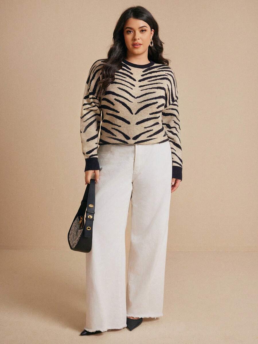 Elaquor Casual Minimalist Tight-Fitting Zebra Print Plus Size Sweater, Autumn-Winter Fall/Winter - Multicolor - View 1