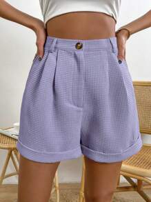 Chiquease Women's Solid Color Waffle Textured Pleated Cuff Relaxed Casual Shorts - Mauve Purple - View 5