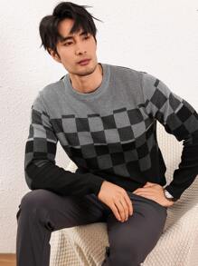 Manfinity Homme Men's Crew Neck Long Sleeve Contrast Plaid Design Fashionable Loose Fit Sweater - Multicolor - View 6