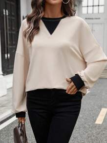 SHEIN LUNE Women's Color Block Round Neck Casual Sports Sweatshirt, Warm For Fall/Winter - Khaki - View 5