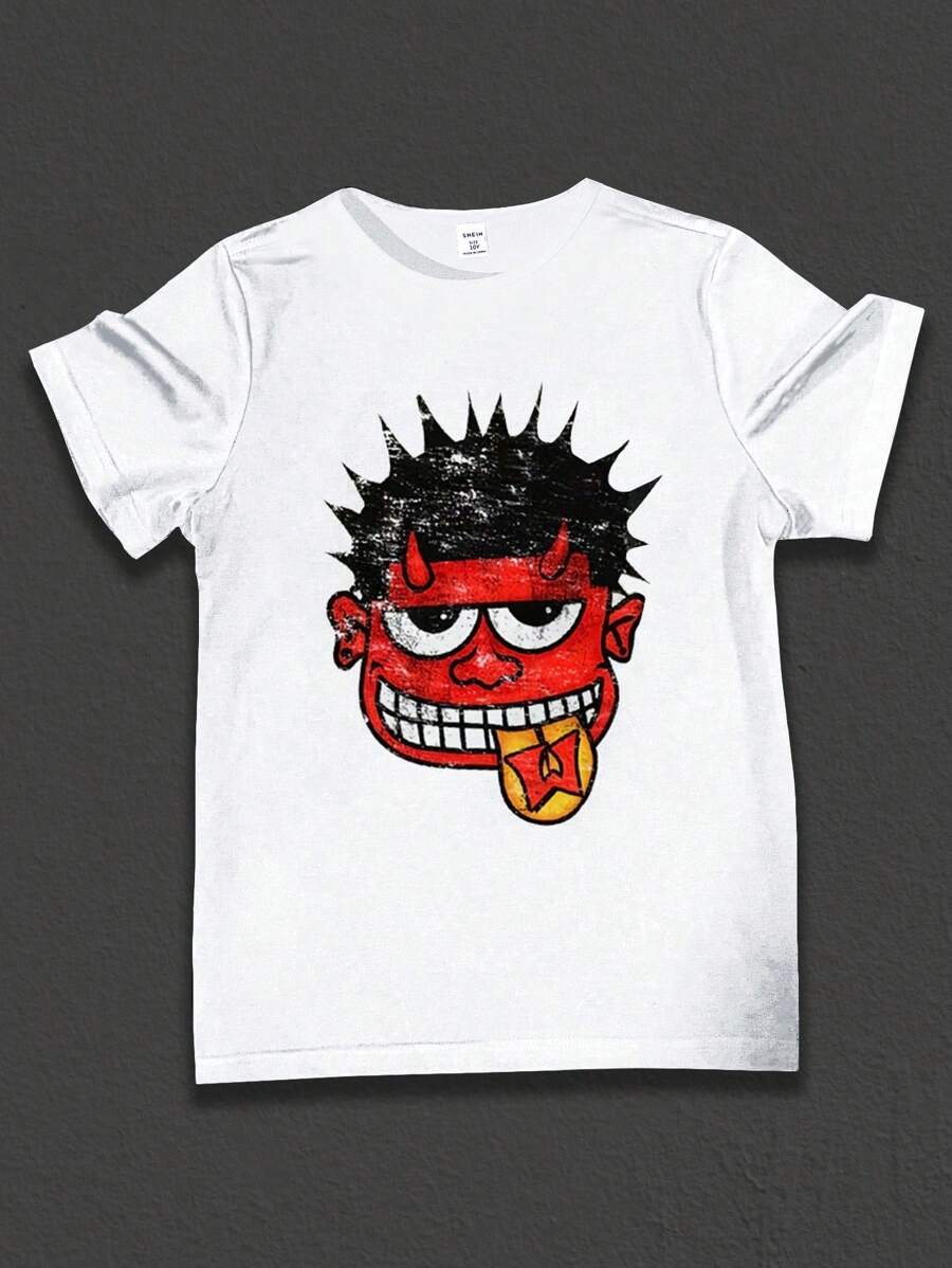 SHEIN Áo thun cổ tròn tay ngắn in hình nhân vật hoạt hình thường ngày cho bé trai tuổi teen, mùa hè - trắng - Xem 1