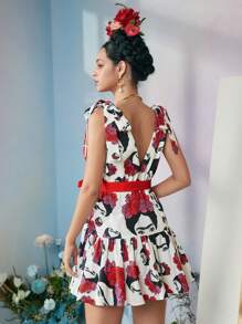 VALERIA GALIPOLI Frida Kahlo X SHEIN X Designer Váy ngắn thắt nút vai họa tiết hoa và hình in tương phản, ngày lễ, tiệc tùng, lễ tạ ơn, lễ hội - Nhiều màu - Xem 2