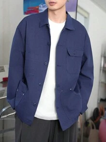 Manfinity Homme Retro American Casual Men's Loose Fit Blue-Grey Denim Shirt - Dusty Blue - View 1