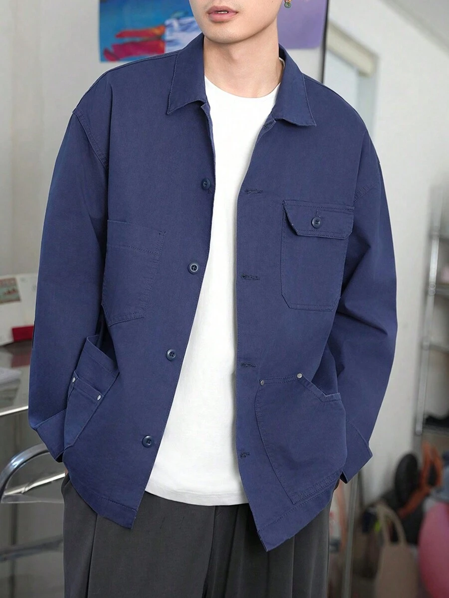 Manfinity Homme Retro American Casual Men's Loose Fit Blue-Grey Denim Shirt - Dusty Blue - View 1