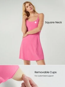GLOWMODE FeatherFit™-Air Peekaboo Adjustable Racerback Square Neck Pocket Anti-Slip Powerful Dress With Built-In Shorts Light Support Low Impact Yoga Pilates Studio Summer Quick Dry Moisture Wicking - Pink - View 5