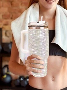 Bình nước giữ nhiệt bằng thép không gỉ 40oz, cốc và cốc có dung tích lớn có quai cầm, trang trí bằng đá giả kim cương và ống hút, bình nước cách nhiệt chân không dùng cho gia đình, văn phòng hoặc ô tô, trường học, cốc có thể tái sử dụng có ống hút nắp lật chống rò rỉ (màu trắng) làm quà tặng Giáng sinh cho ngày lễ - trắng - Xem 10