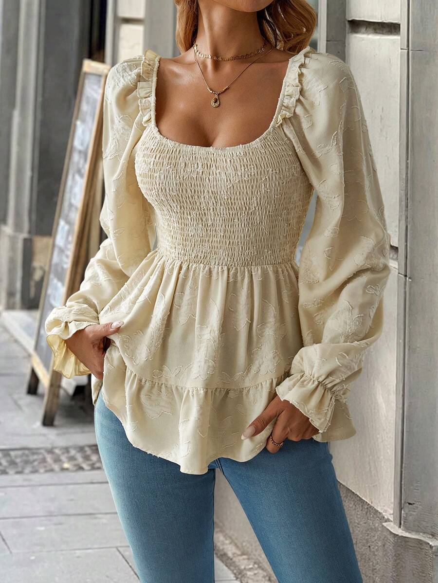 SHEIN LUNE Áo thun dài tay xếp ly xếp nếp màu trơn có viền trang trí cho nữ, trang phục thường ngày - Màu be - Xem 1