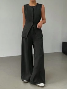 SHEIN EZwear 2 件套女士夏季休闲亚麻背心和裤子套装 - 黑色 - 查看 4