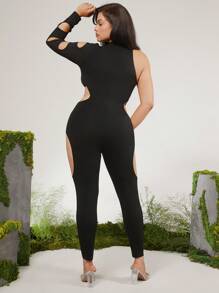 evoluSHEIN X Anitta Spagnelli Bộ đồ liền thân màu đen cắt cổ giả cỡ lớn thiết kế cho ngày lễ, lễ tạ ơn, lễ hội - màu đen - Xem 2