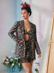 VERO DIAZ Frida Kahlo X SHEIN X Designer 商务休闲花卉和蝴蝶印花翻领西装外套，节日、感恩节、春季、节日、办公室 - 彩色 - 查看 1