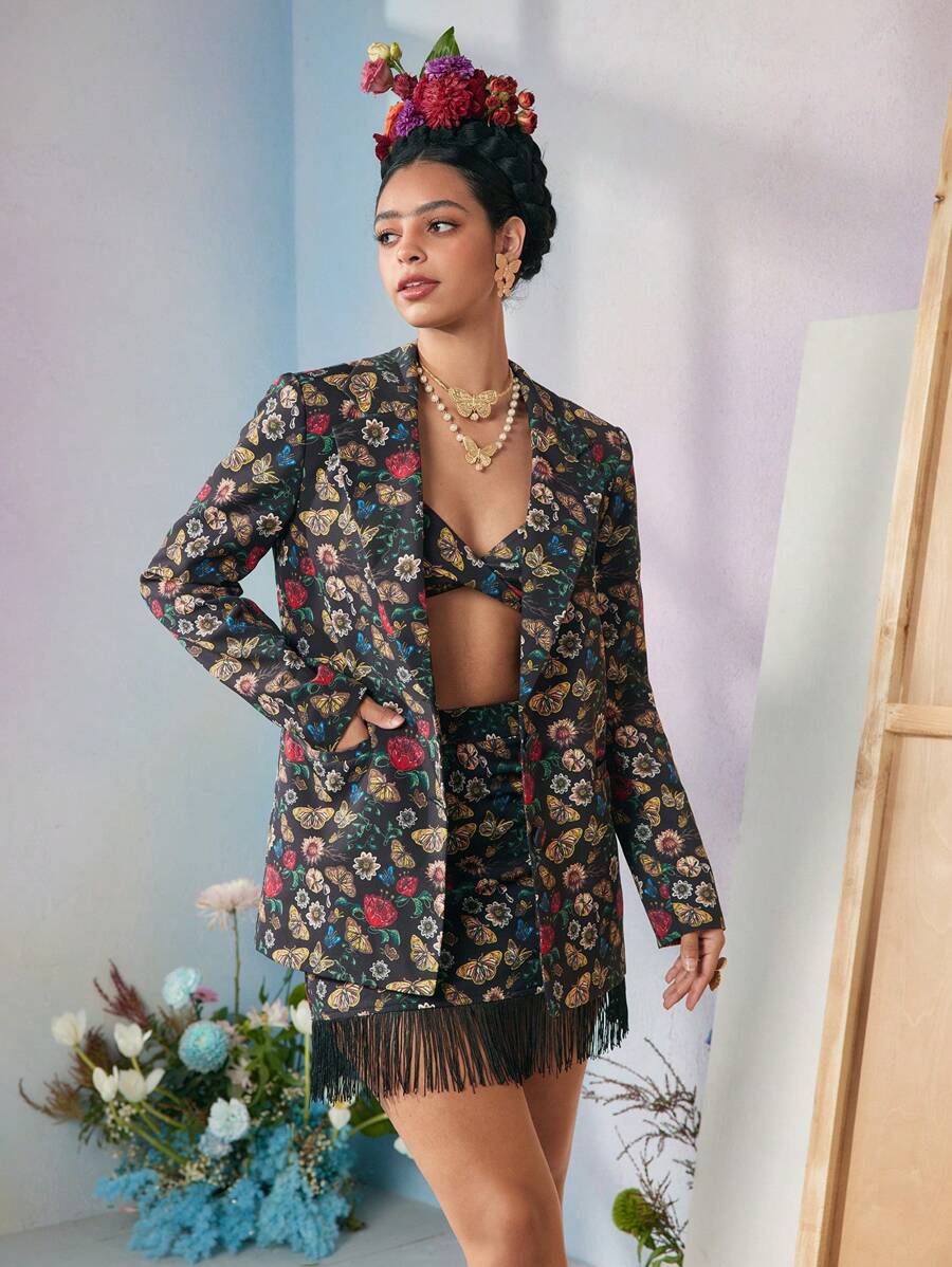 VERO DIAZ Frida Kahlo X SHEIN X Designer 商务休闲花卉和蝴蝶印花翻领西装外套，节日、感恩节、春季、节日、办公室 - 彩色 - 查看 1