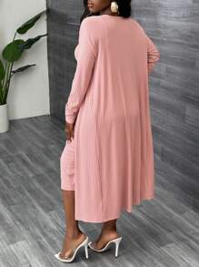 Slaydiva Elegante conjunto de 2 piezas de vestido midi ajustado con abertura y botones delanteros rosa + cárdigan de manga larga - Rosa vieja - Ver 2