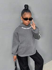 SHEIN Tween 女童休闲时尚运动毛绒连帽运动衫 - 深灰色 - 查看 3