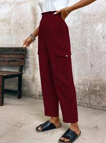 EMERY ROSE Women's Frill Waist Plaid Cargo Pocket Straight Leg Casual Pants - Multicolor - View 6