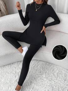 SHEIN LUNE 2pcs Women's Side Slit Figure-Hugging T-Shirt And Skinny Leggings Casual Sports Loungewear Set, Thermal Lined Warm For Autumn Winter - Black - View 4