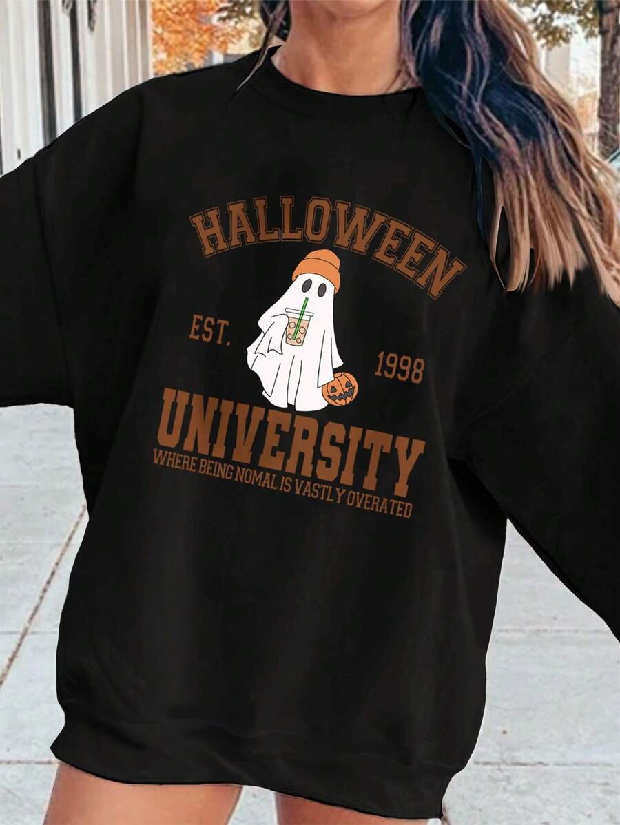 INAWLY Halloween Cute Little Ghost Print Crew Neck Sweatshirt Pullover Fall Outfit - Black - View 1