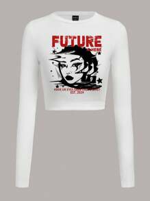 Slaydiva Camiseta de manga larga, cuello redondo, ajustada, con diseño minimalista de dibujos animados, apropiada para primavera y otoño, para mujer