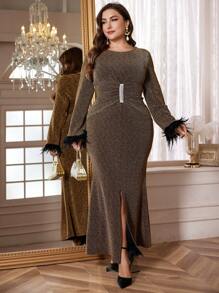Modelyn Plus Size Elegant Shiny Slit Mermaid Hem Dress, Spring & Fall Clothes