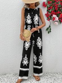 SHEIN VCAY Bộ đồ liền thân ống đứng không tay cổ tròn in họa tiết thường ngày cho nữ - màu đen - Xem 4
