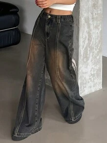 DAZY 女式做旧宽松直筒牛仔裤、宽松牛仔裤 - 藍色 - 查看 7