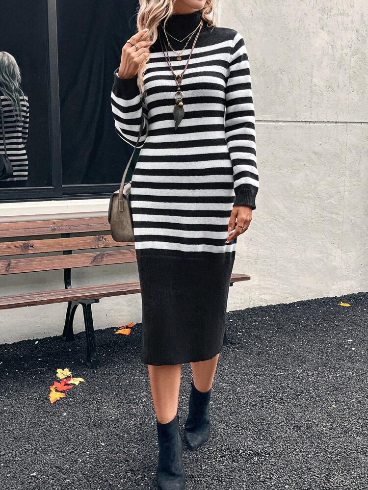 Black & White Striped Turtleneck Fitted Sweater Dress, Autumn/Winter Fall Sweater Dress
