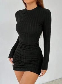 SHEIN PETITE Solid Color Turtleneck Slim Fit Black Ribbed Dress - Black - View 3