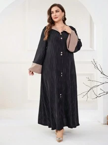 Al Najma 大码女式休闲拼色花卉印花长裙，春/秋季，端庄长袖优雅长款 Jalabiya 阿拉伯连衣裙，适合日常休闲，长袍 - 黑色 - 查看 4