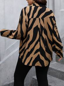 SHEIN Clasi 大码女式春夏斑马纹落肩长袖宽松休闲衬衫女式衬衫 - 棕色 - 查看 2