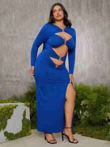 evoluSHEIN X Anitta Spagnelli Designer Plus Heart Buckle Cut-Outs Long Dress, Holiday, Party, Thanksgiving, Birthday Outfits, Spring & Summer, Festival - Blue - View 6