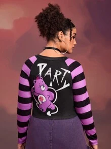 SHEIN X Care Bears Designer 1pc Plus Size Women's Punk Style Cartoon Bear & Letter Printed Color Block Striped Raglan Sleeve Fitted Cropped T-Shirt, Holiday, Thanksgiving, Festival