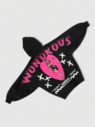 Sudadera con capucha holgada y vintage para hombres con estampado gráfico de lema, de talla grande