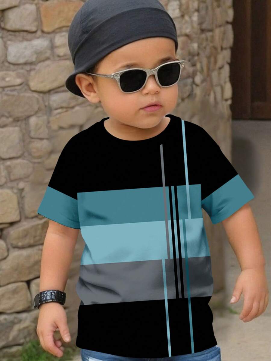 SHEIN 年轻男孩休闲简约圆领宽松短袖 T 恤，适合夏季 Terno 儿童男孩>拼色