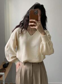 DAZY Drop Shoulder Ribbed Knit Sweater Fall - Apricot - View 2