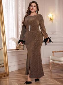 Modelyn Plus Size Elegant Shiny Slit Mermaid Hem Dress, Spring & Fall Clothes